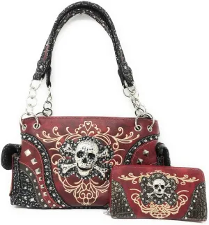 Women's Skull Bones Skeleton Purse Handbag with Matching Wallet in 6 colors