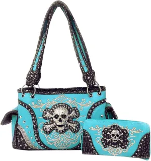 Women's Skull Bones Skeleton Purse Handbag with Matching Wallet in 6 colors