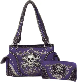 Women's Skull Bones Skeleton Purse Handbag with Matching Wallet in 6 colors