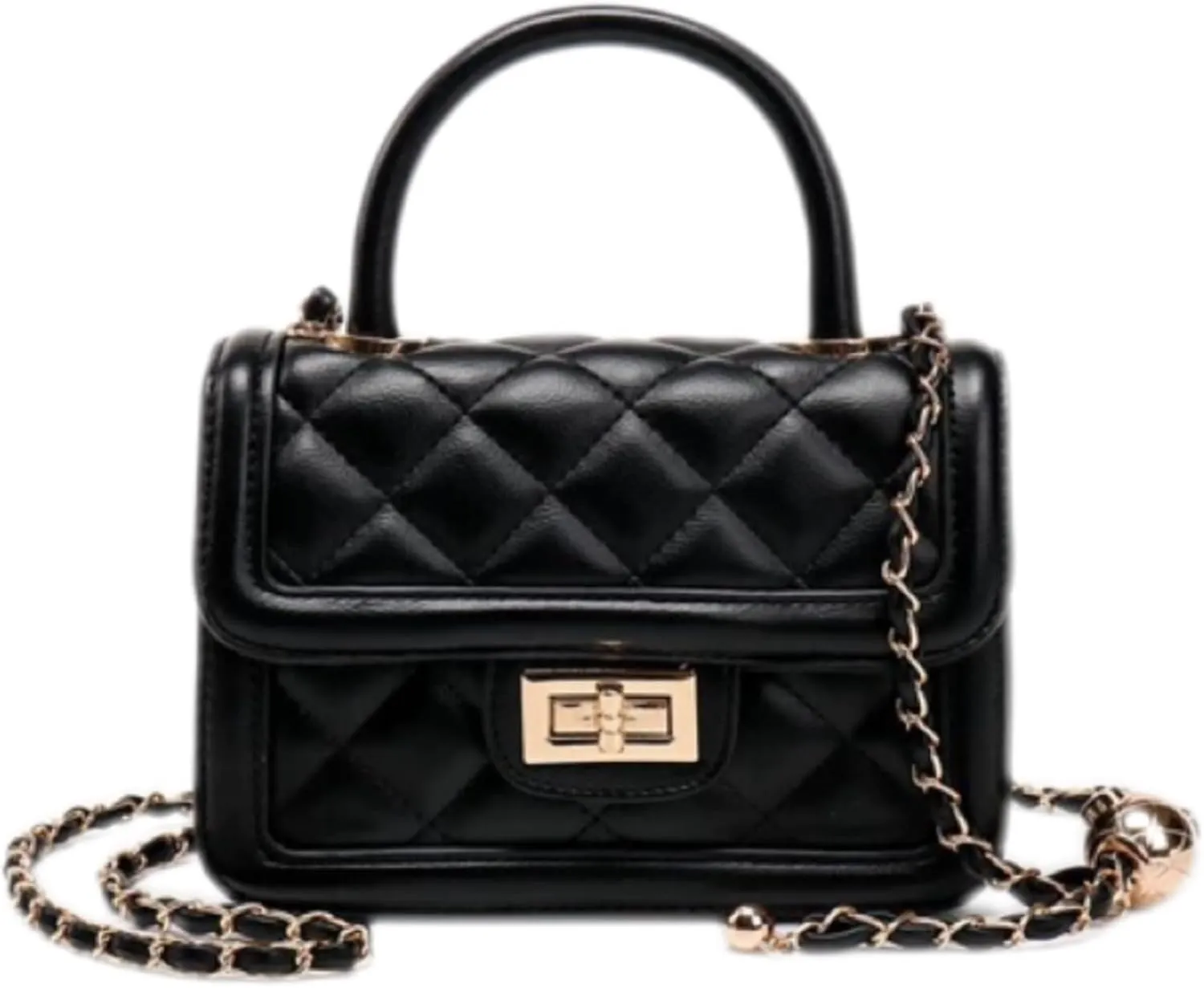 Women's Small Quilted Leather Crossbody Bag Mini Top Handle Shoulder Bag With Golden Chain