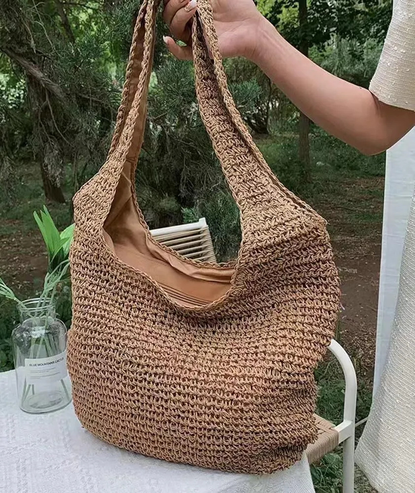 Women's Straw Tote Bag Handbag Summer Beach Bag Shoulder Bag Handmade Woven Hobo Travel Purse Foldable Straw Bag