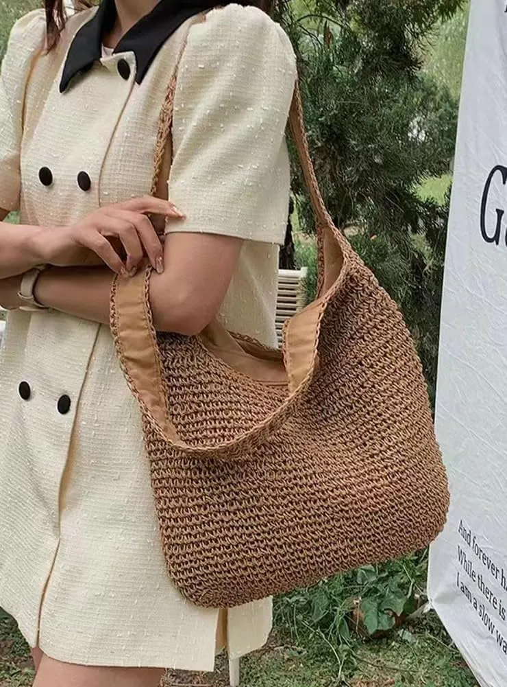Women's Straw Tote Bag Handbag Summer Beach Bag Shoulder Bag Handmade Woven Hobo Travel Purse Foldable Straw Bag
