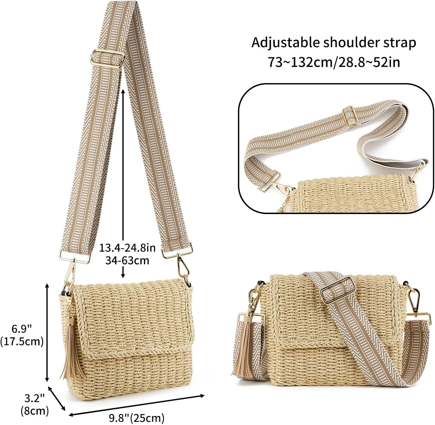 Women's Summer Straw Braided Crossbody Bag with Tassel Chain,Shoulder Straps Woven Beach Handbag Handmade Wallet Purse