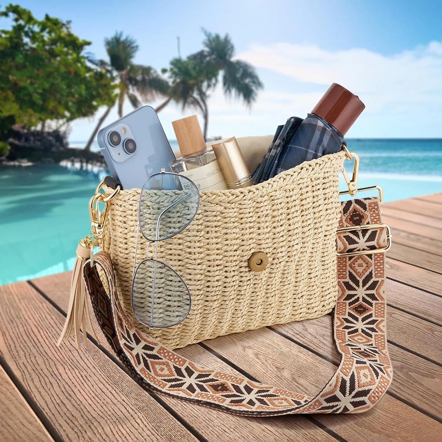 Women's Summer Straw Braided Crossbody Bag with Tassel Chain,Shoulder Straps Woven Beach Handbag Handmade Wallet Purse