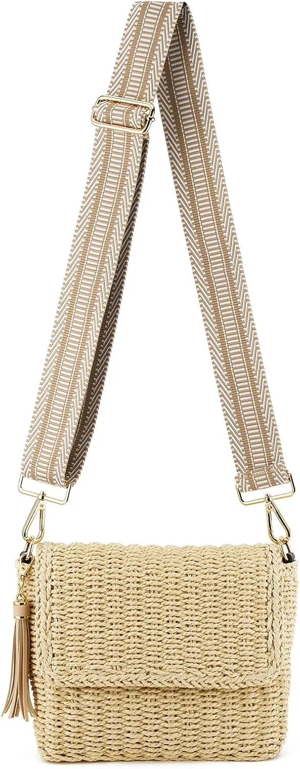 Women's Summer Straw Braided Crossbody Bag with Tassel Chain,Shoulder Straps Woven Beach Handbag Handmade Wallet Purse