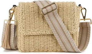 Women's Summer Straw Braided Crossbody Bag with Tassel Chain,Shoulder Straps Woven Beach Handbag Handmade Wallet Purse