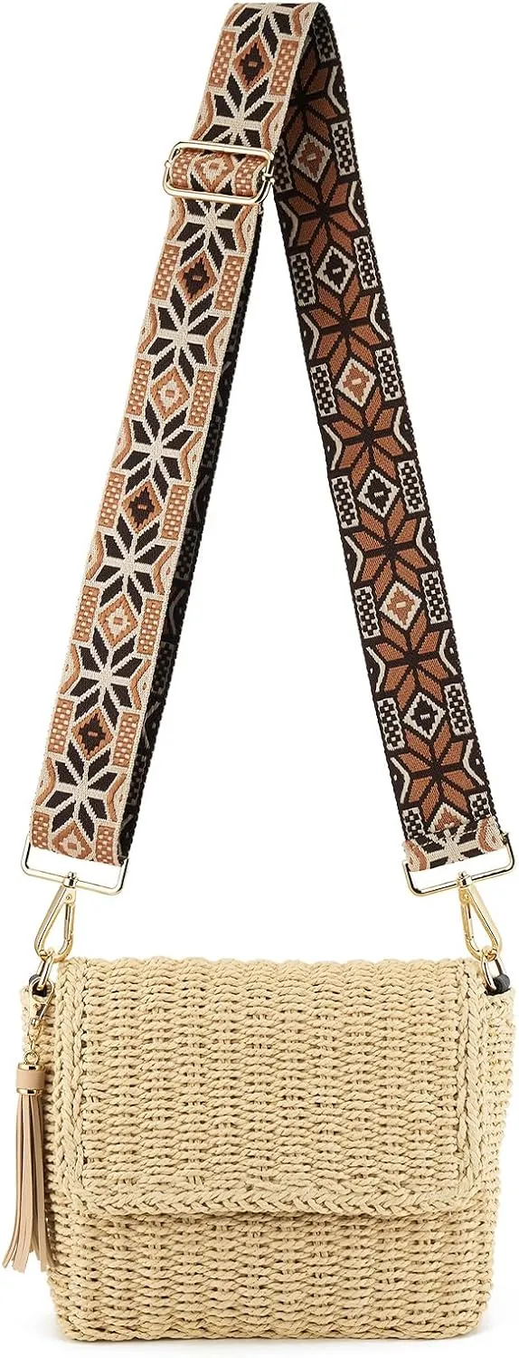 Women's Summer Straw Braided Crossbody Bag with Tassel Chain,Shoulder Straps Woven Beach Handbag Handmade Wallet Purse