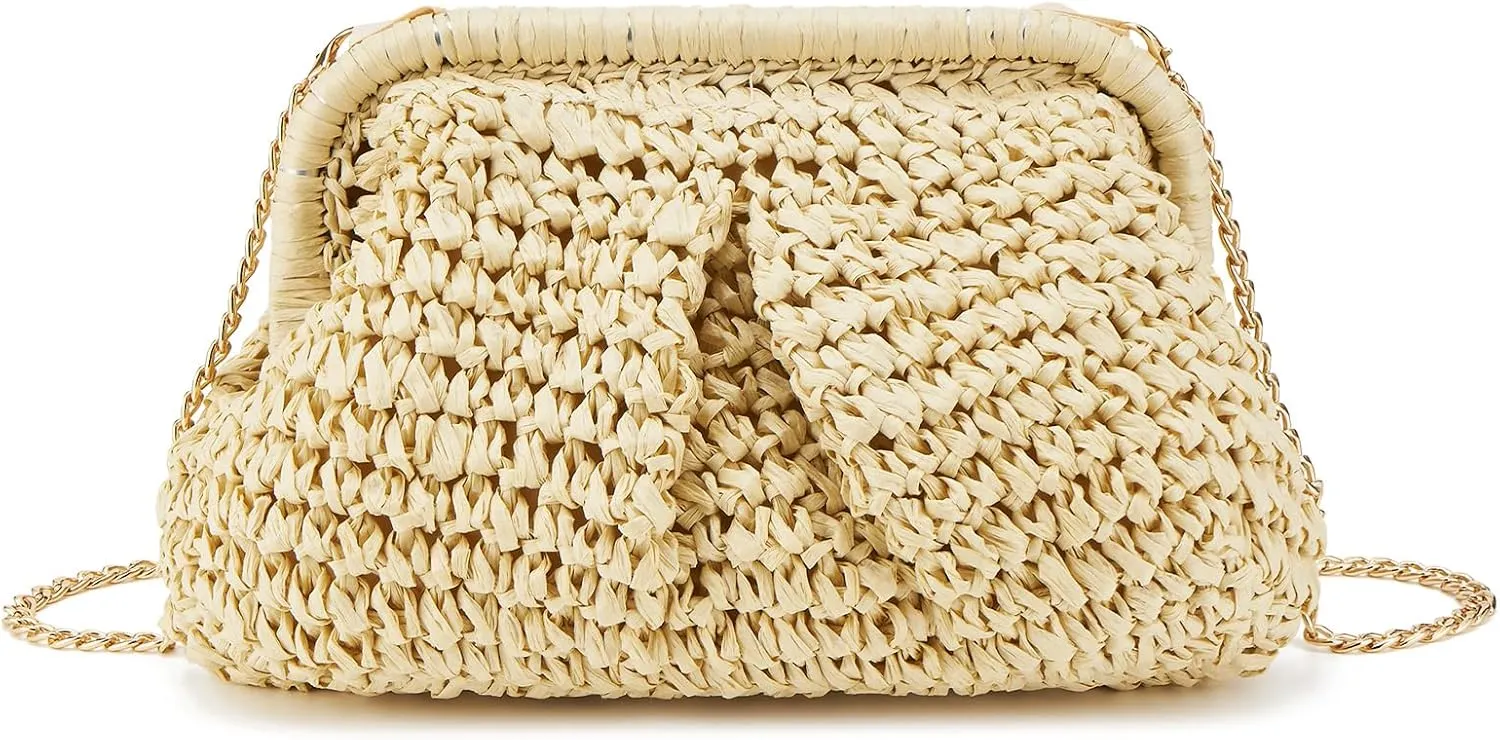Women's Summer Straw Braided Crossbody Bag with Tassel Chain,Shoulder Straps Woven Beach Handbag Handmade Wallet Purse