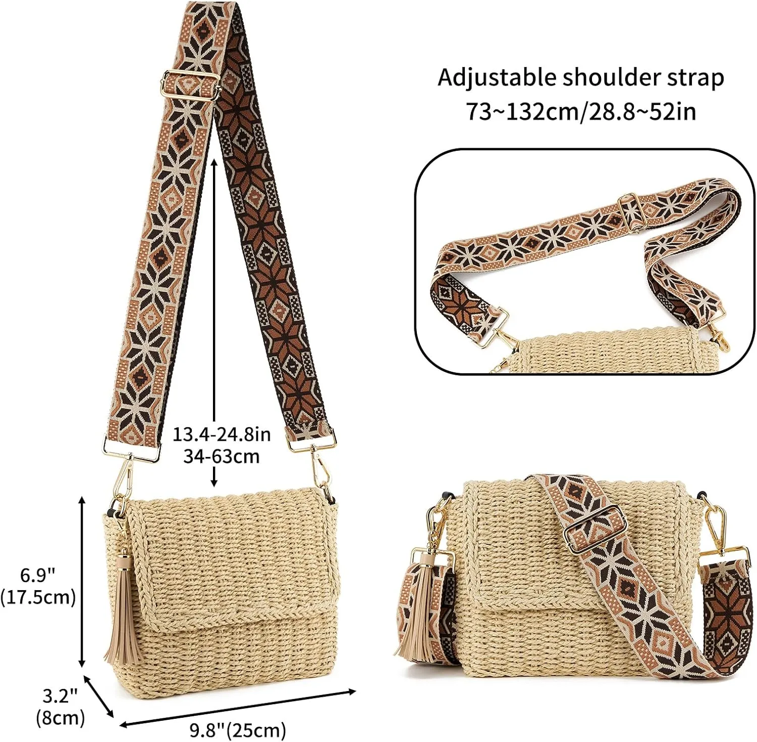 Women's Summer Straw Braided Crossbody Bag with Tassel Chain,Shoulder Straps Woven Beach Handbag Handmade Wallet Purse