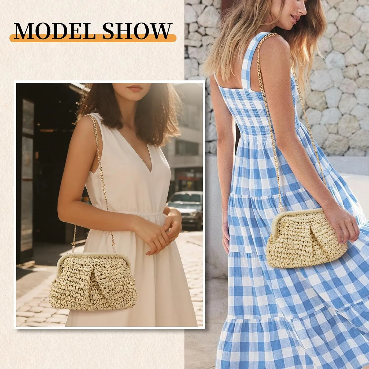 Women's Summer Straw Braided Crossbody Bag with Tassel Chain,Shoulder Straps Woven Beach Handbag Handmade Wallet Purse