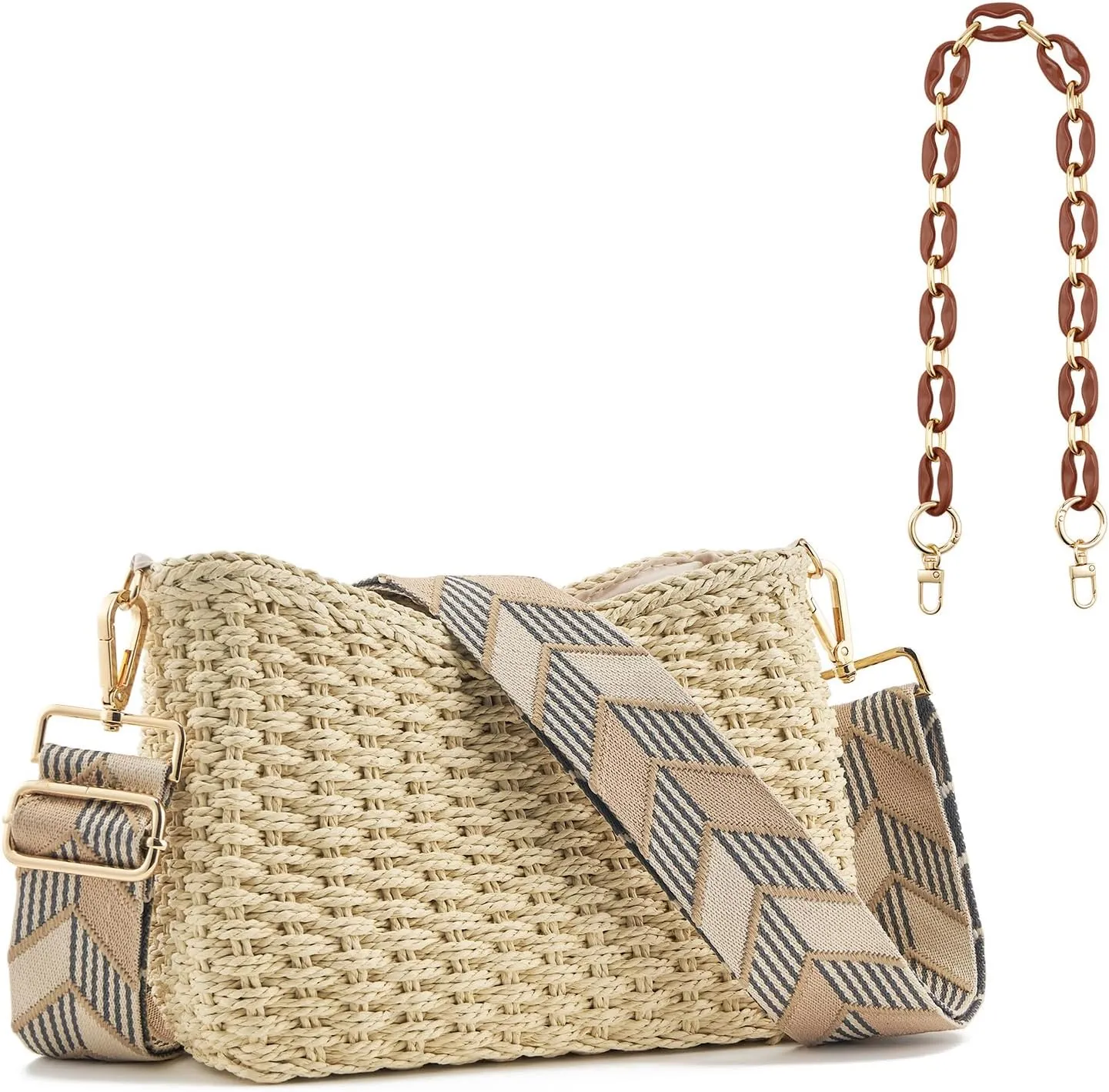 Women's Summer Straw Braided Crossbody Bag with Tassel Chain,Shoulder Straps Woven Beach Handbag Handmade Wallet Purse