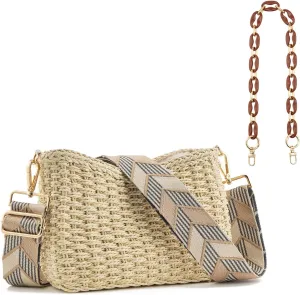 Women's Summer Straw Braided Crossbody Bag with Tassel Chain,Shoulder Straps Woven Beach Handbag Handmade Wallet Purse