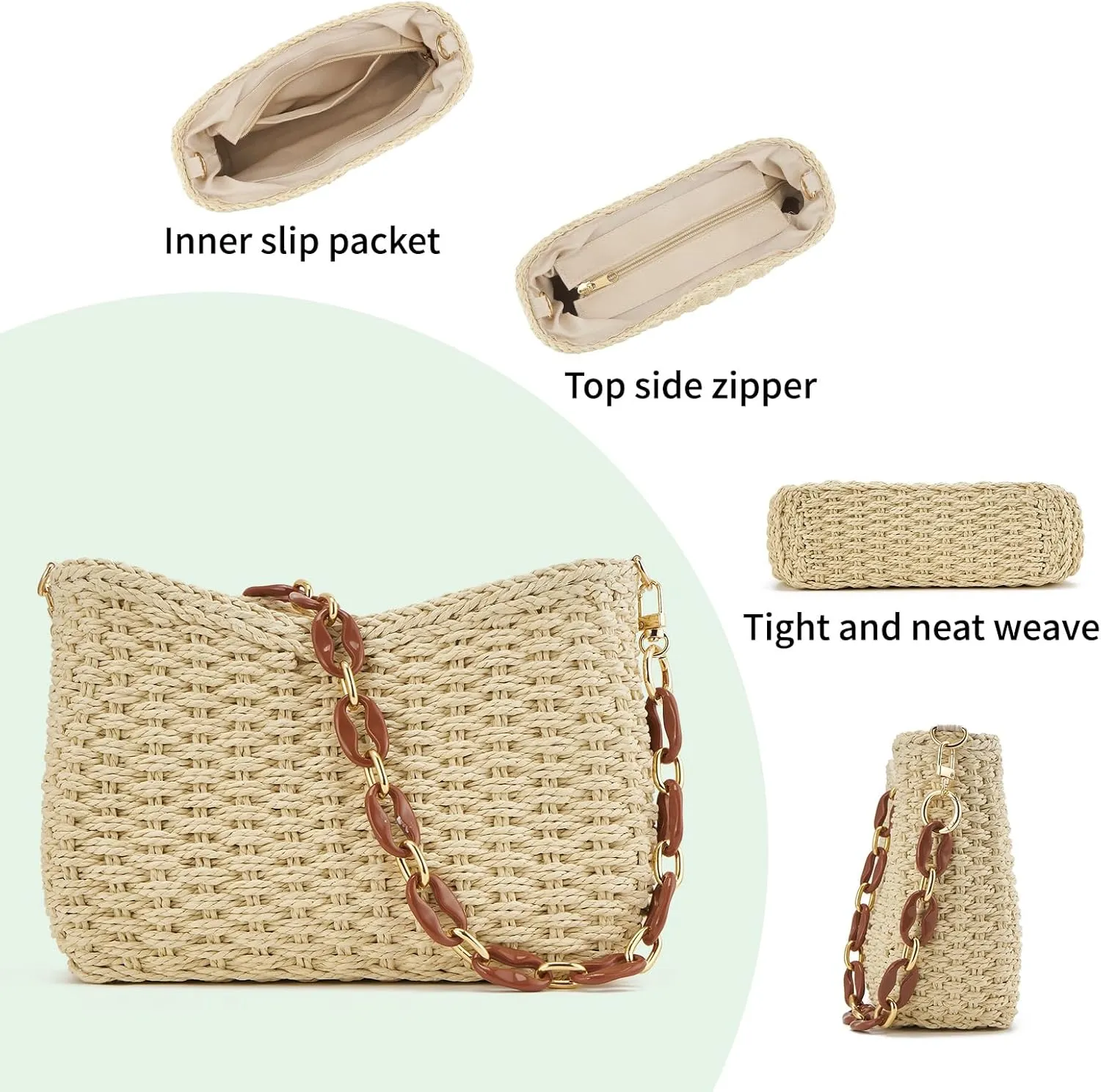 Women's Summer Straw Braided Crossbody Bag with Tassel Chain,Shoulder Straps Woven Beach Handbag Handmade Wallet Purse