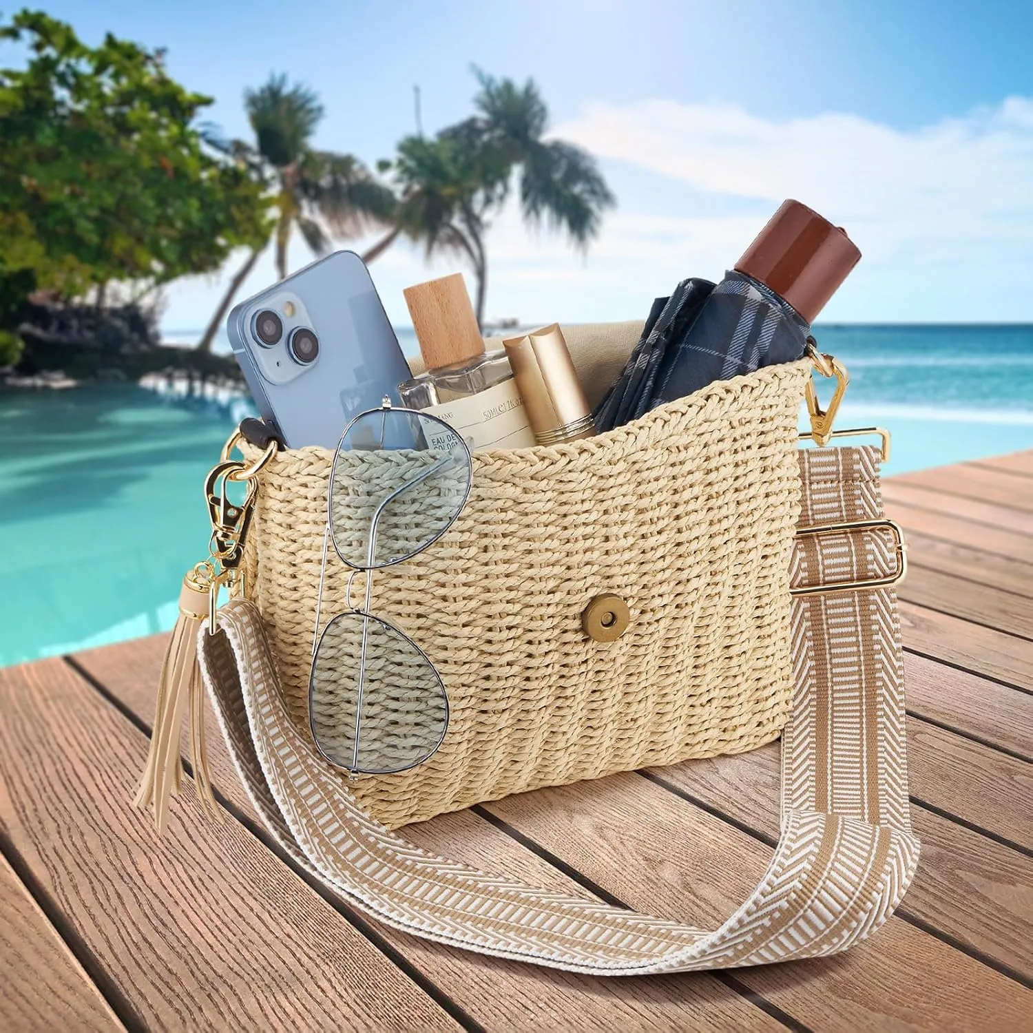 Women's Summer Straw Braided Crossbody Bag with Tassel Chain,Shoulder Straps Woven Beach Handbag Handmade Wallet Purse