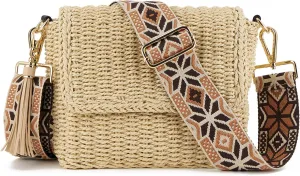 Women's Summer Straw Braided Crossbody Bag with Tassel Chain,Shoulder Straps Woven Beach Handbag Handmade Wallet Purse