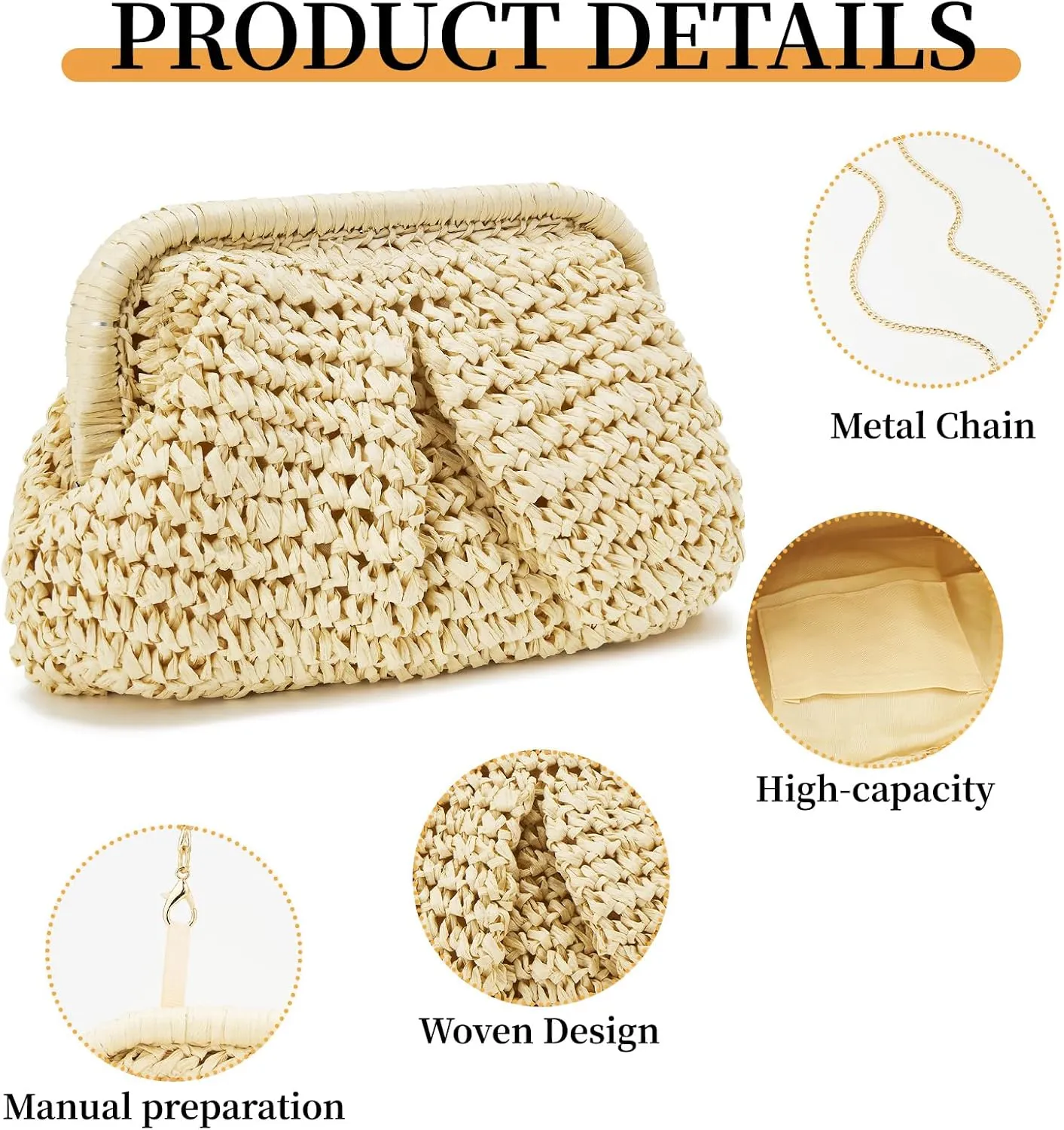 Women's Summer Straw Braided Crossbody Bag with Tassel Chain,Shoulder Straps Woven Beach Handbag Handmade Wallet Purse