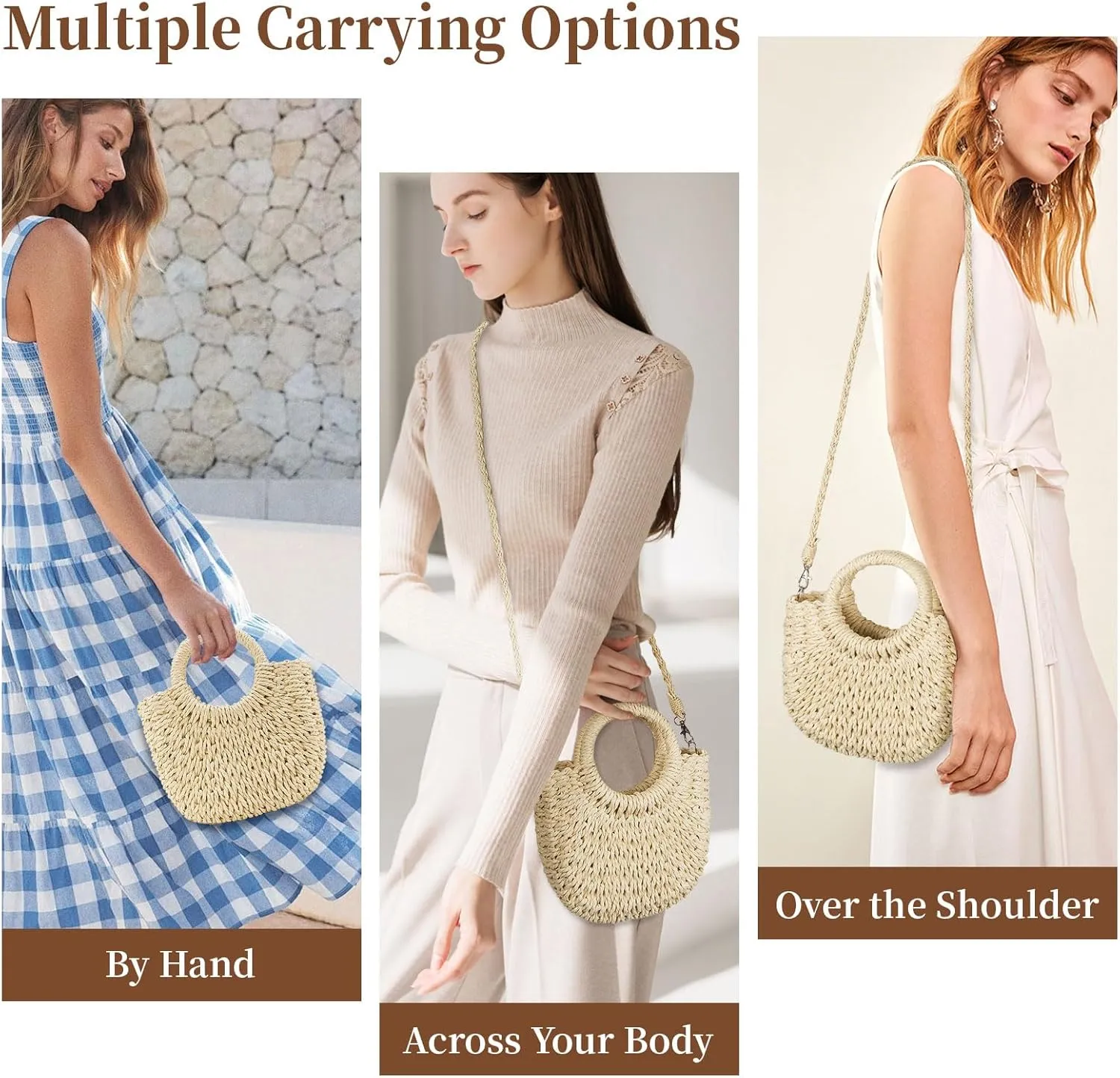 Women's Summer Straw Braided Crossbody Bag with Tassel Chain,Shoulder Straps Woven Beach Handbag Handmade Wallet Purse