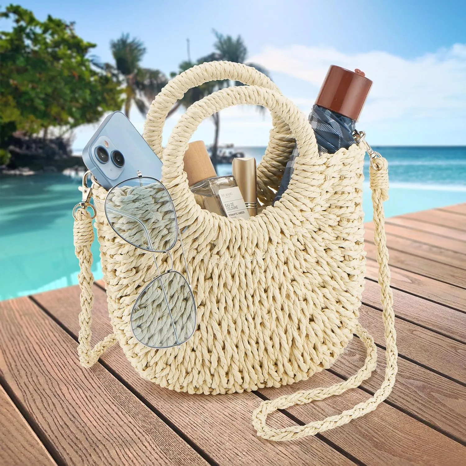 Women's Summer Straw Braided Crossbody Bag with Tassel Chain,Shoulder Straps Woven Beach Handbag Handmade Wallet Purse