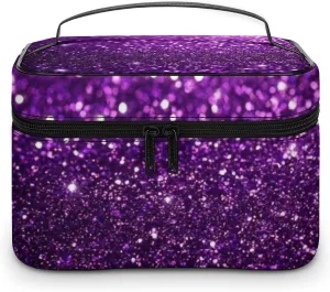 Women's Travel Makeup Bag, Large Capacity Cosmetic Organizer Case Beautiful Dark Purple Bling Glitter Sparkles Pattern Toiletry Bag with Zipper Pouch