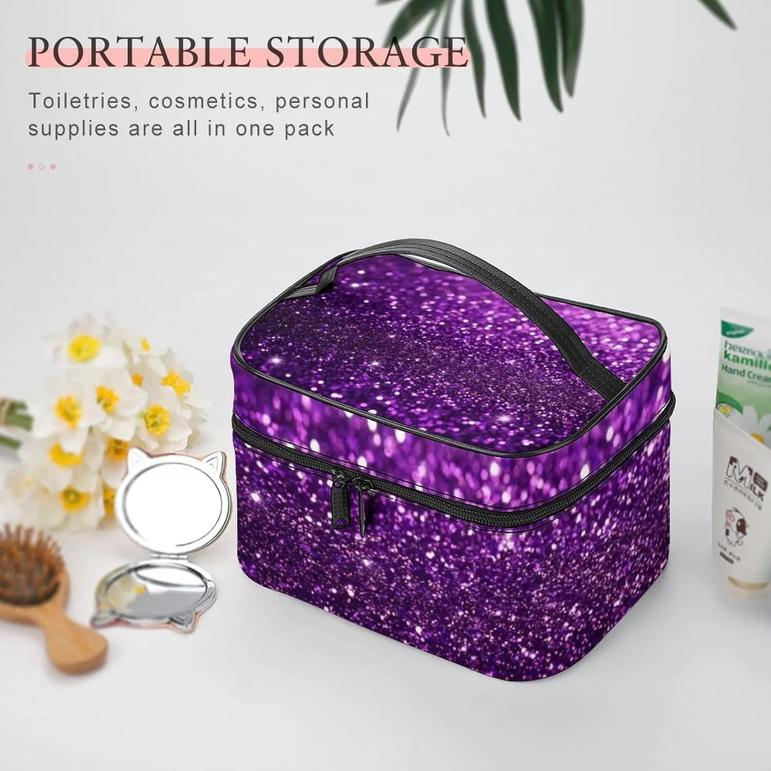 Women's Travel Makeup Bag, Large Capacity Cosmetic Organizer Case Beautiful Dark Purple Bling Glitter Sparkles Pattern Toiletry Bag with Zipper Pouch
