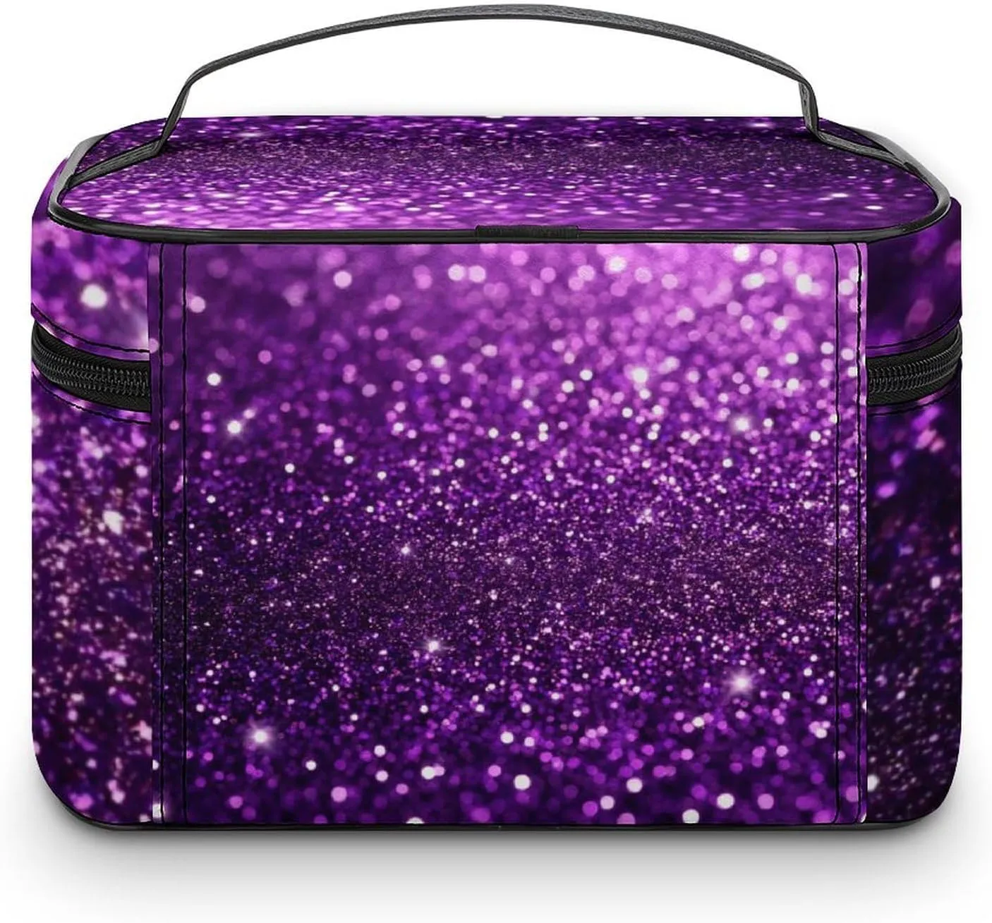 Women's Travel Makeup Bag, Large Capacity Cosmetic Organizer Case Beautiful Dark Purple Bling Glitter Sparkles Pattern Toiletry Bag with Zipper Pouch