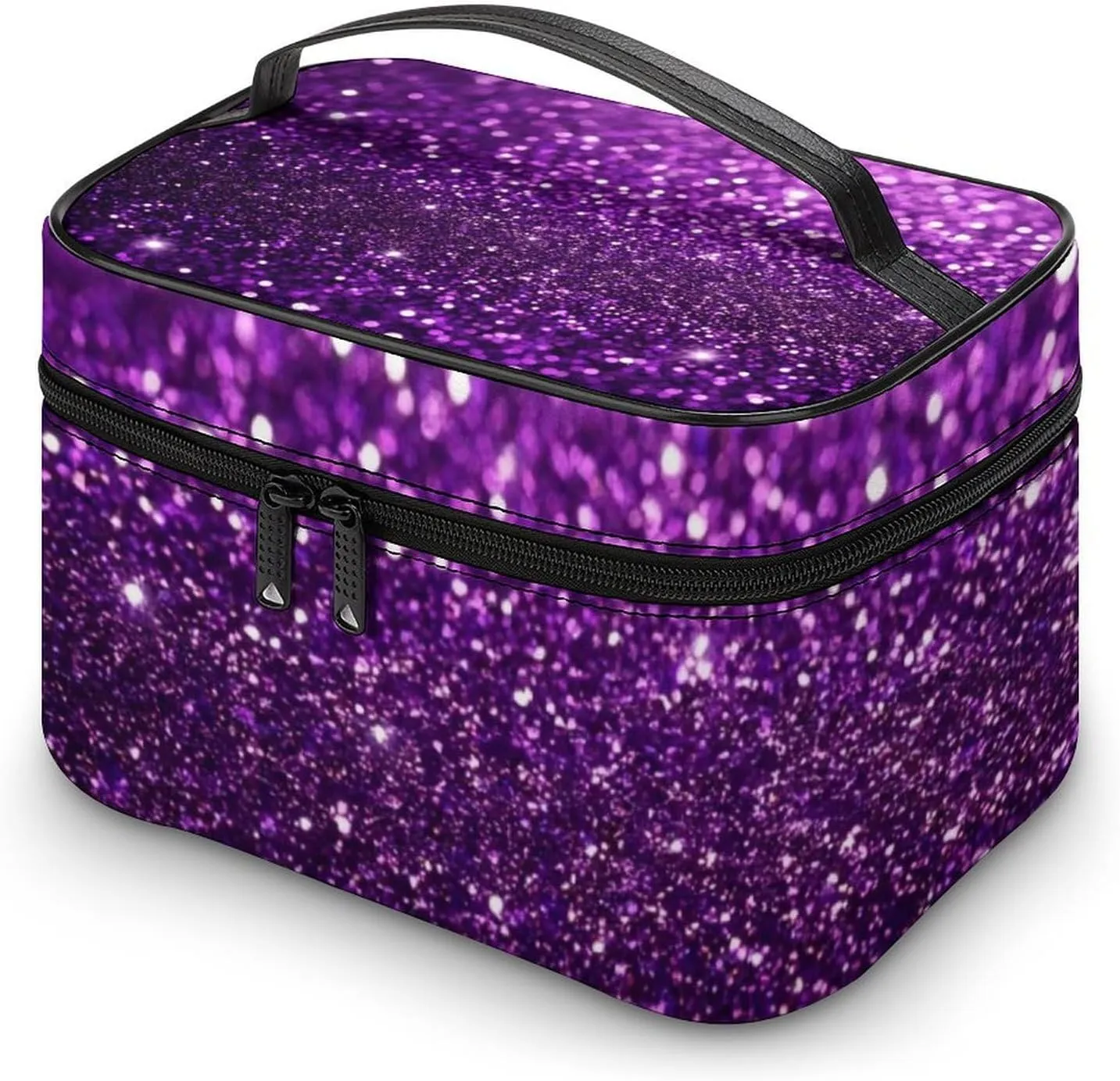 Women's Travel Makeup Bag, Large Capacity Cosmetic Organizer Case Beautiful Dark Purple Bling Glitter Sparkles Pattern Toiletry Bag with Zipper Pouch