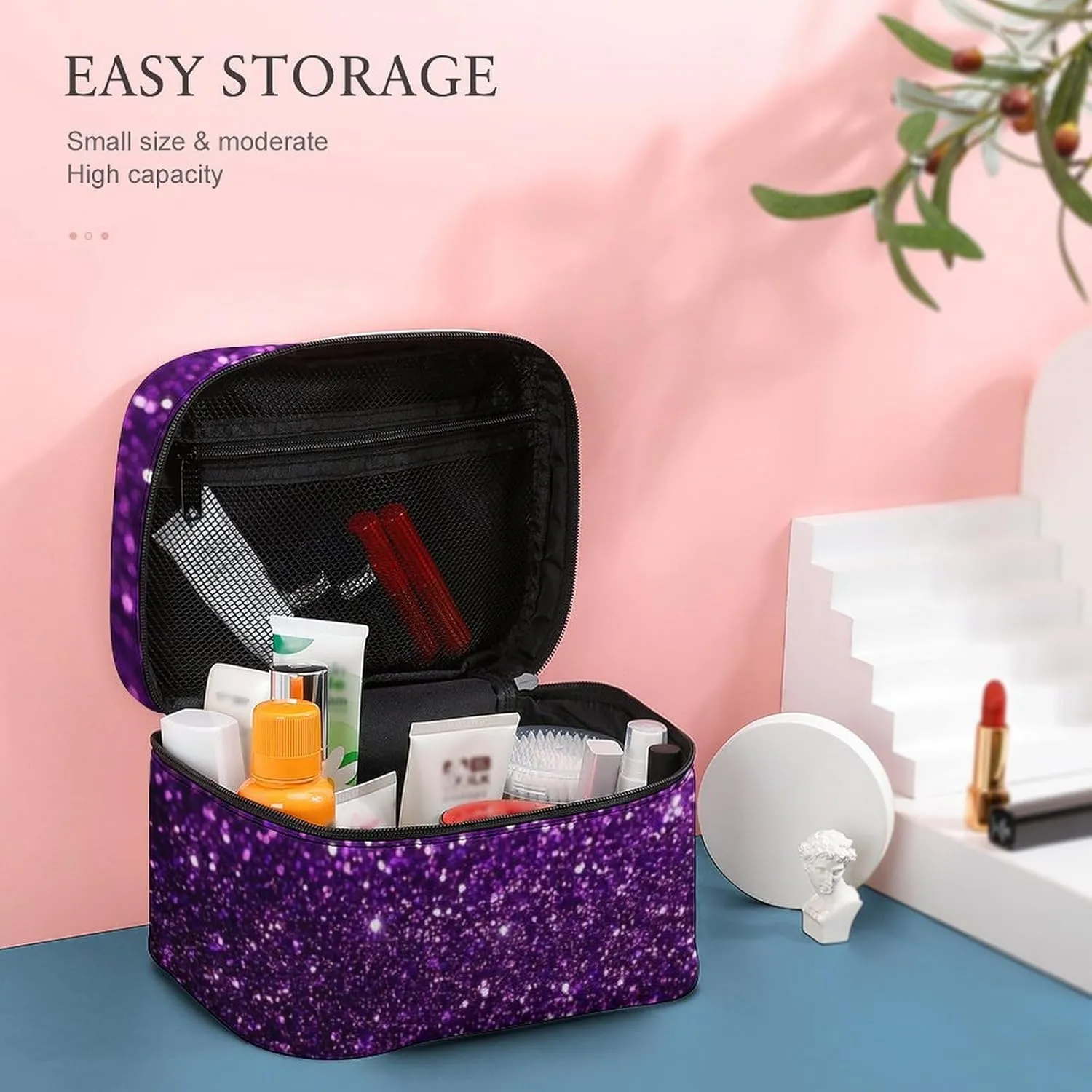 Women's Travel Makeup Bag, Large Capacity Cosmetic Organizer Case Beautiful Dark Purple Bling Glitter Sparkles Pattern Toiletry Bag with Zipper Pouch