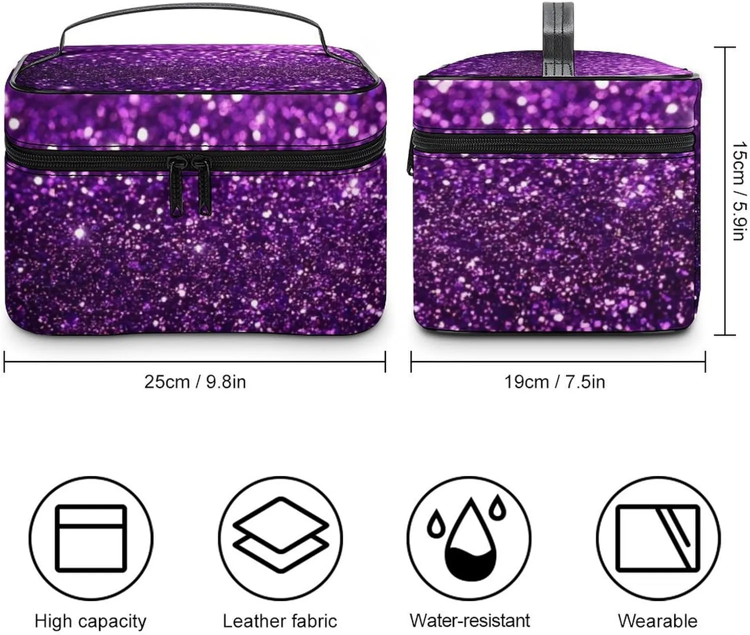Women's Travel Makeup Bag, Large Capacity Cosmetic Organizer Case Beautiful Dark Purple Bling Glitter Sparkles Pattern Toiletry Bag with Zipper Pouch