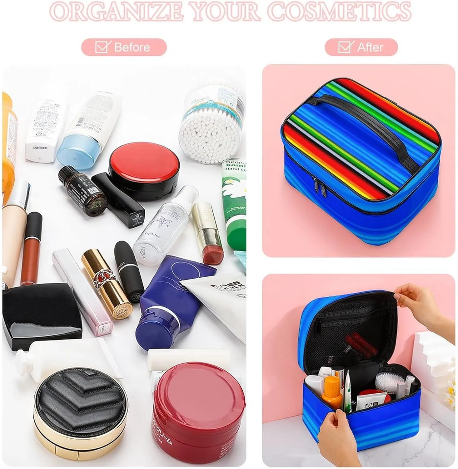 Women's Travel Makeup Bag, Large Capacity Cosmetic Organizer Case Mexican Blanket Stripes Toiletry Bag with Zipper Pouch