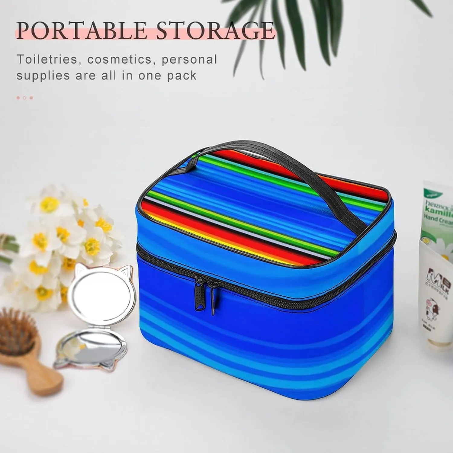 Women's Travel Makeup Bag, Large Capacity Cosmetic Organizer Case Mexican Blanket Stripes Toiletry Bag with Zipper Pouch