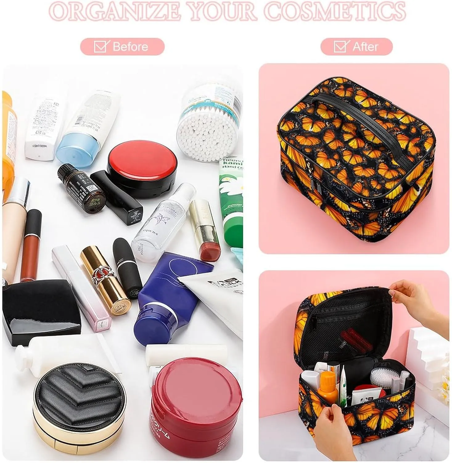 Womens Travel Makeup Bag, Waterproof Cosmetic Organizer Case Beautiful Monarch Butterfly Toiletry Storage Bag with Zipper Mesh Pouch