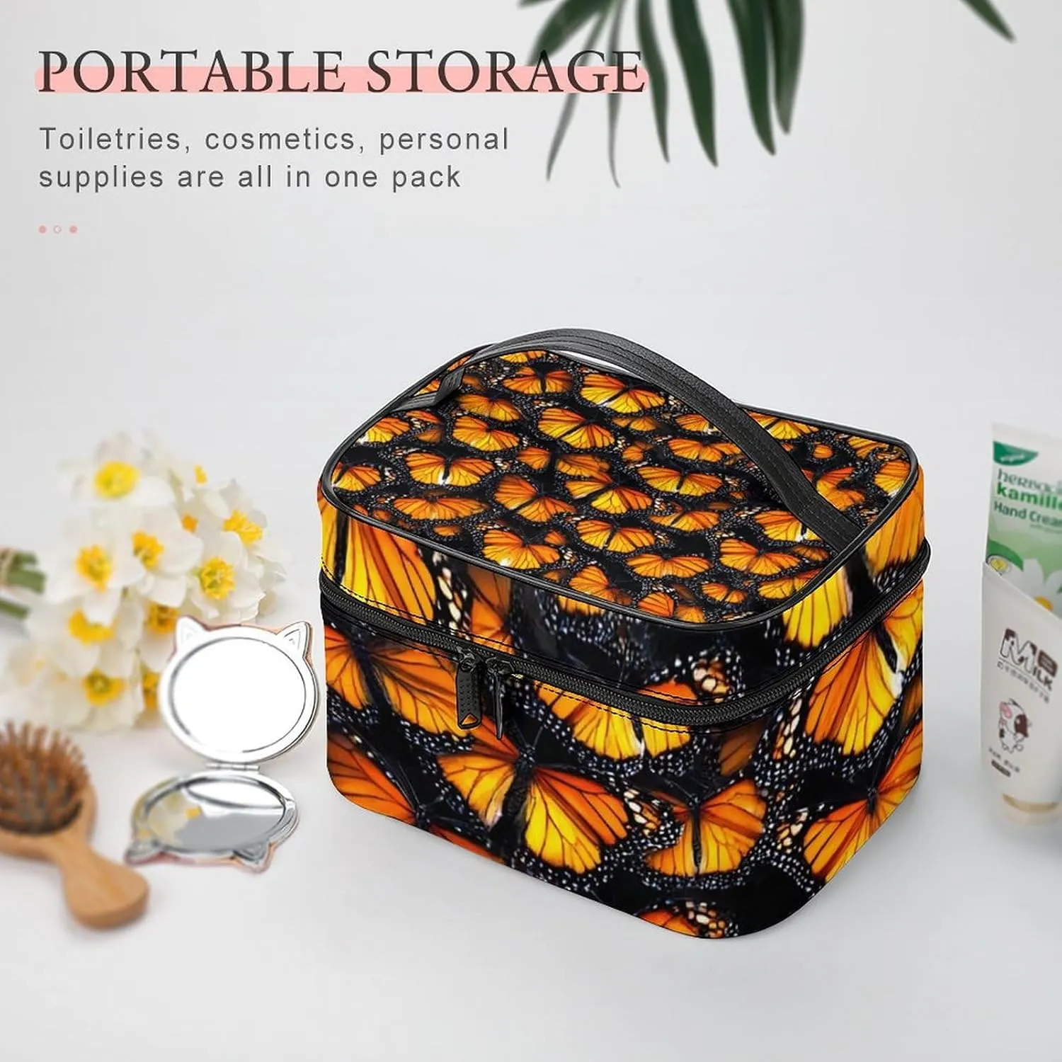 Womens Travel Makeup Bag, Waterproof Cosmetic Organizer Case Beautiful Monarch Butterfly Toiletry Storage Bag with Zipper Mesh Pouch