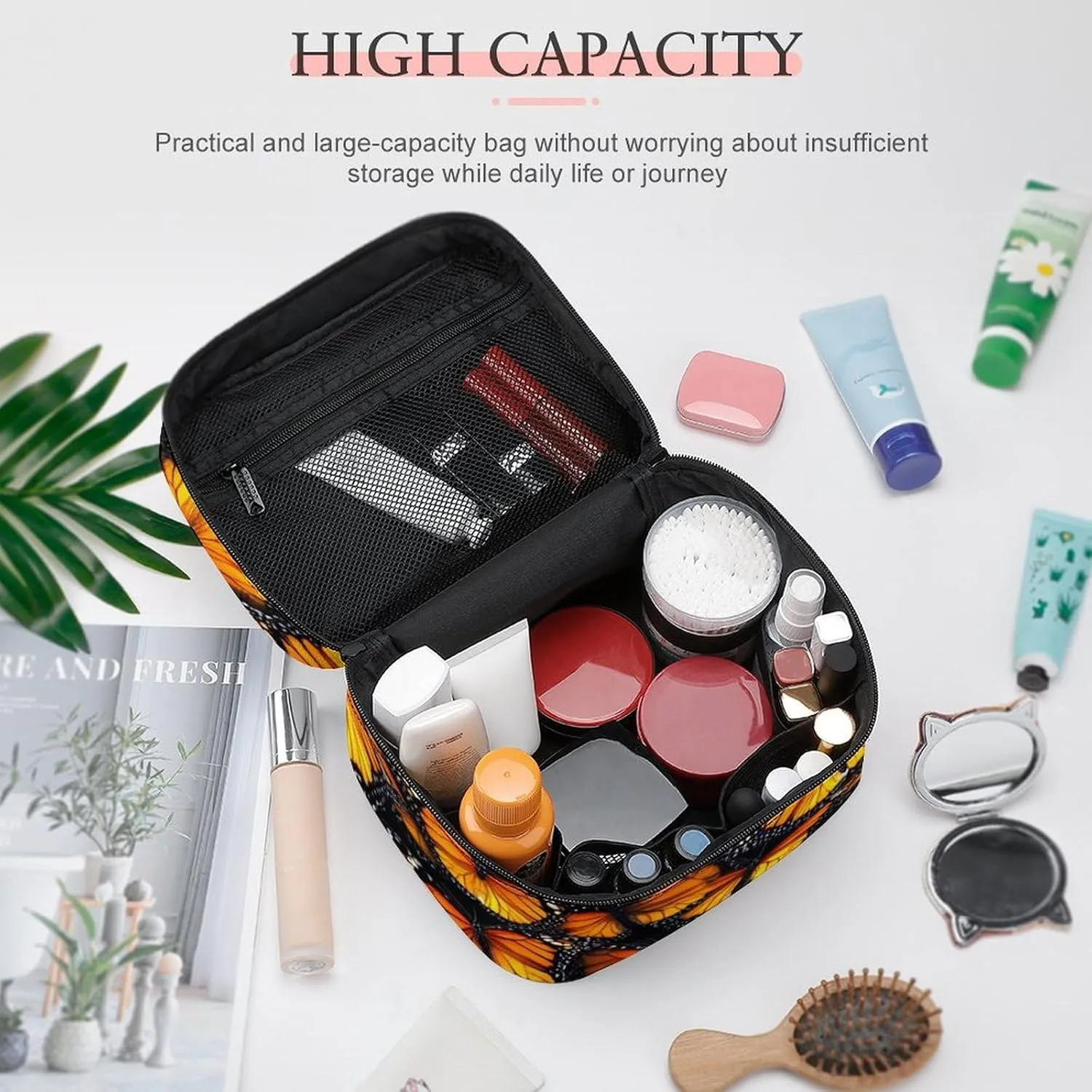 Womens Travel Makeup Bag, Waterproof Cosmetic Organizer Case Beautiful Monarch Butterfly Toiletry Storage Bag with Zipper Mesh Pouch