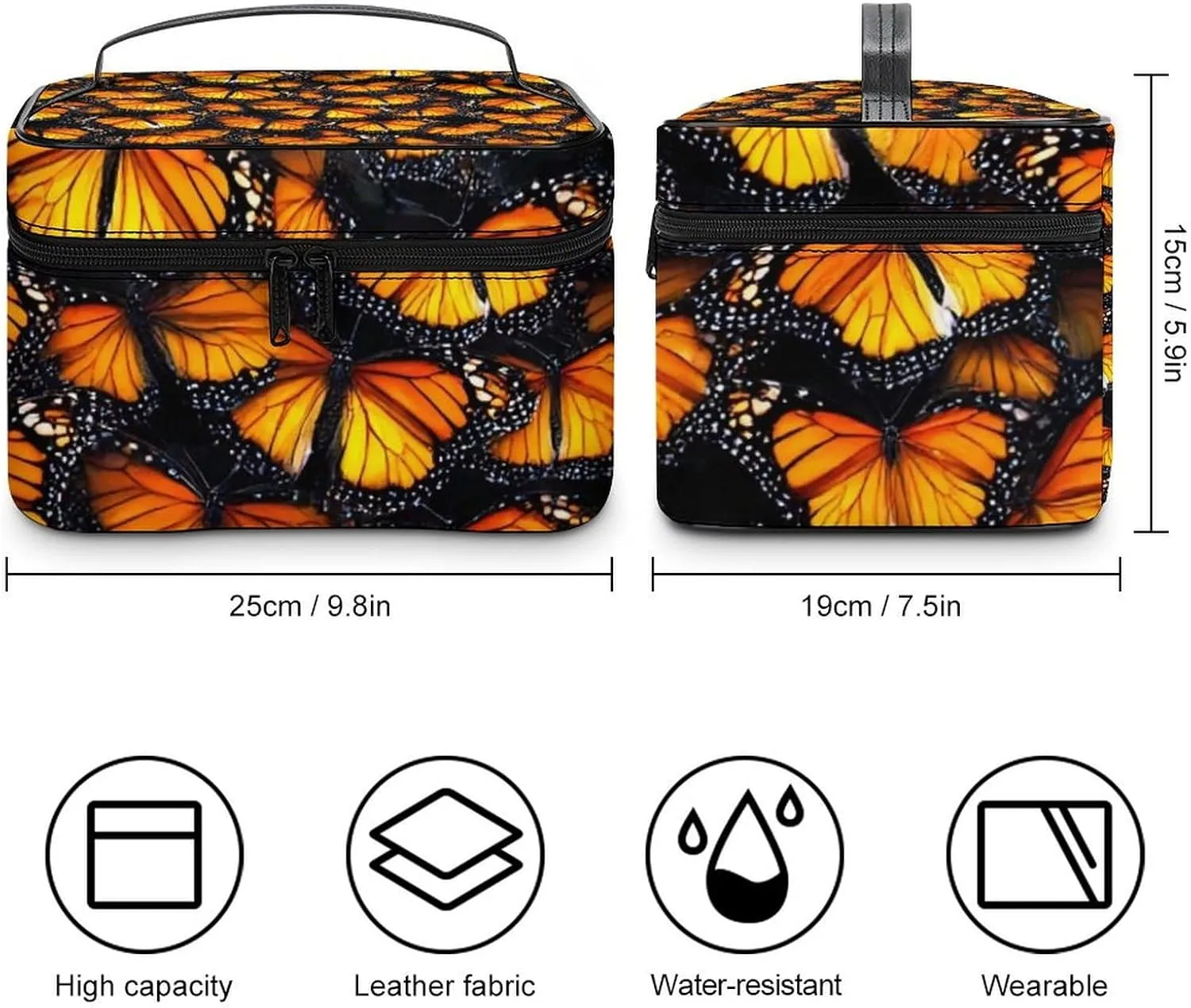 Womens Travel Makeup Bag, Waterproof Cosmetic Organizer Case Beautiful Monarch Butterfly Toiletry Storage Bag with Zipper Mesh Pouch