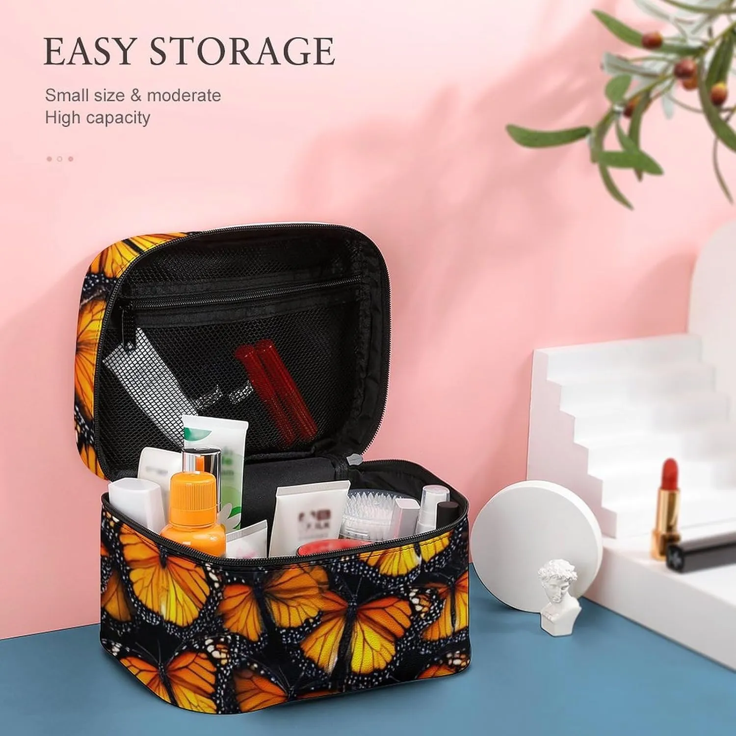 Womens Travel Makeup Bag, Waterproof Cosmetic Organizer Case Beautiful Monarch Butterfly Toiletry Storage Bag with Zipper Mesh Pouch