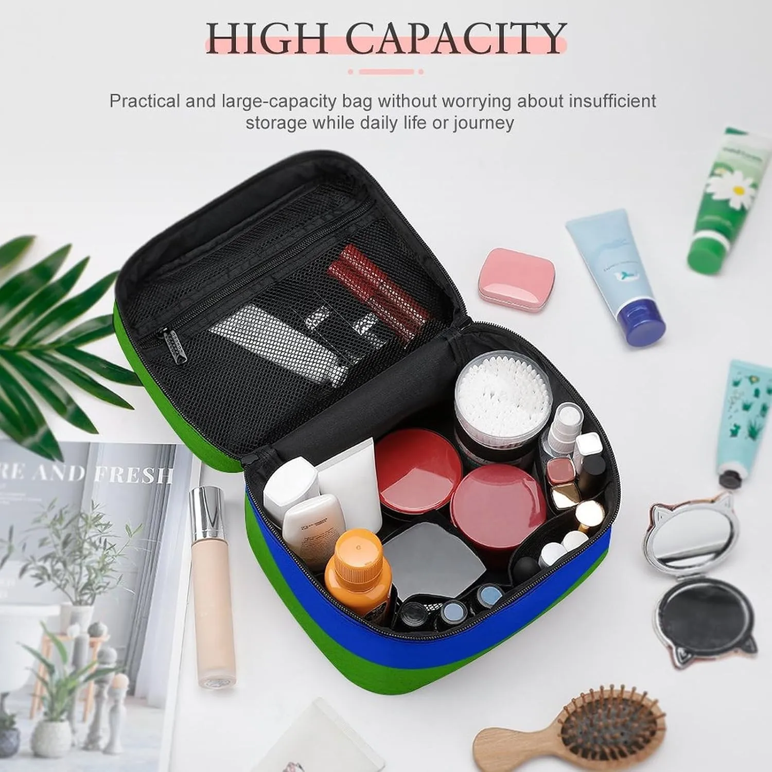 Womens Travel Makeup Bag, Waterproof Cosmetic Organizer Case Colorful Mexican Blanket Stripes Toiletry Storage Bag with Zipper Mesh Pouch