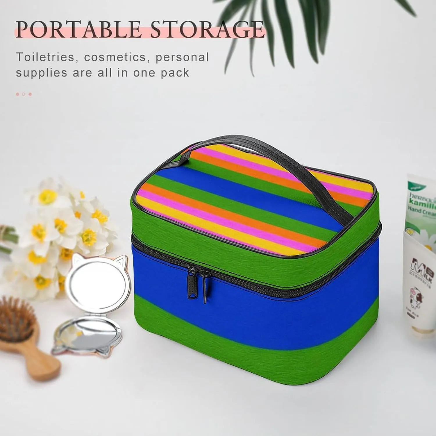 Womens Travel Makeup Bag, Waterproof Cosmetic Organizer Case Colorful Mexican Blanket Stripes Toiletry Storage Bag with Zipper Mesh Pouch