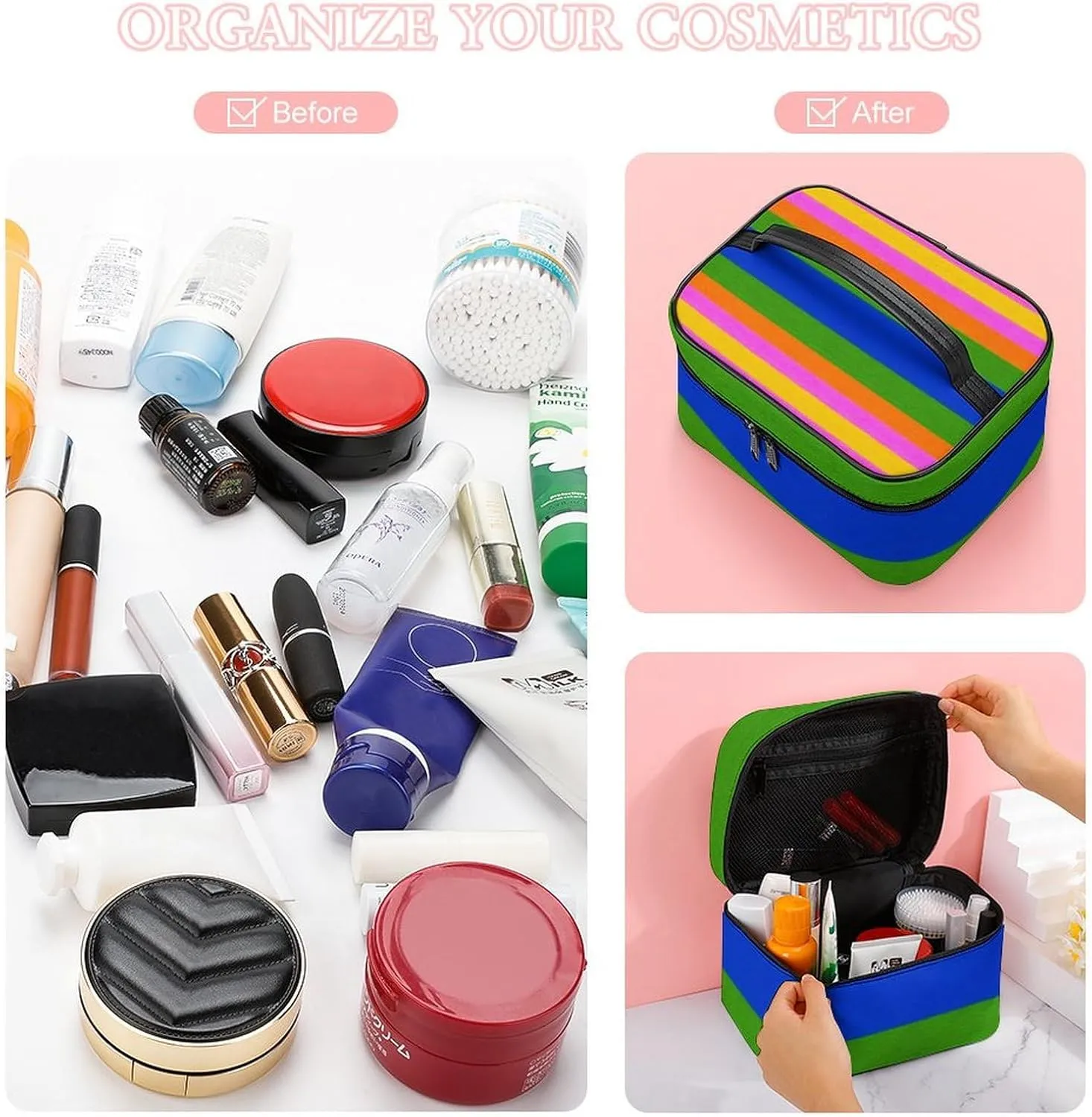 Womens Travel Makeup Bag, Waterproof Cosmetic Organizer Case Colorful Mexican Blanket Stripes Toiletry Storage Bag with Zipper Mesh Pouch