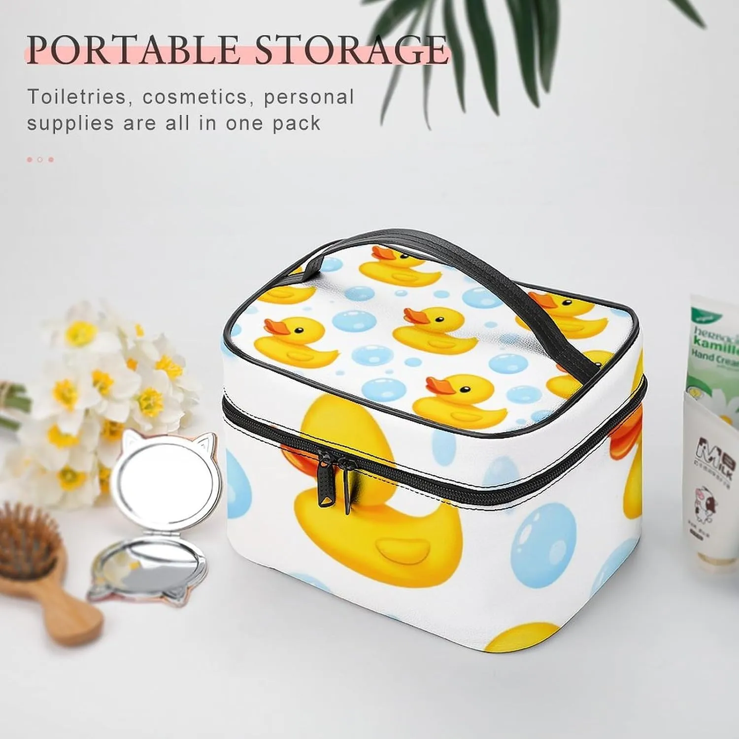 Womens Travel Makeup Bag, Waterproof Cosmetic Organizer Case Cute Funny Cartoon Yellow Rubber Ducks Bubbles Toiletry Storage Bag with Zipper Mesh Pouch