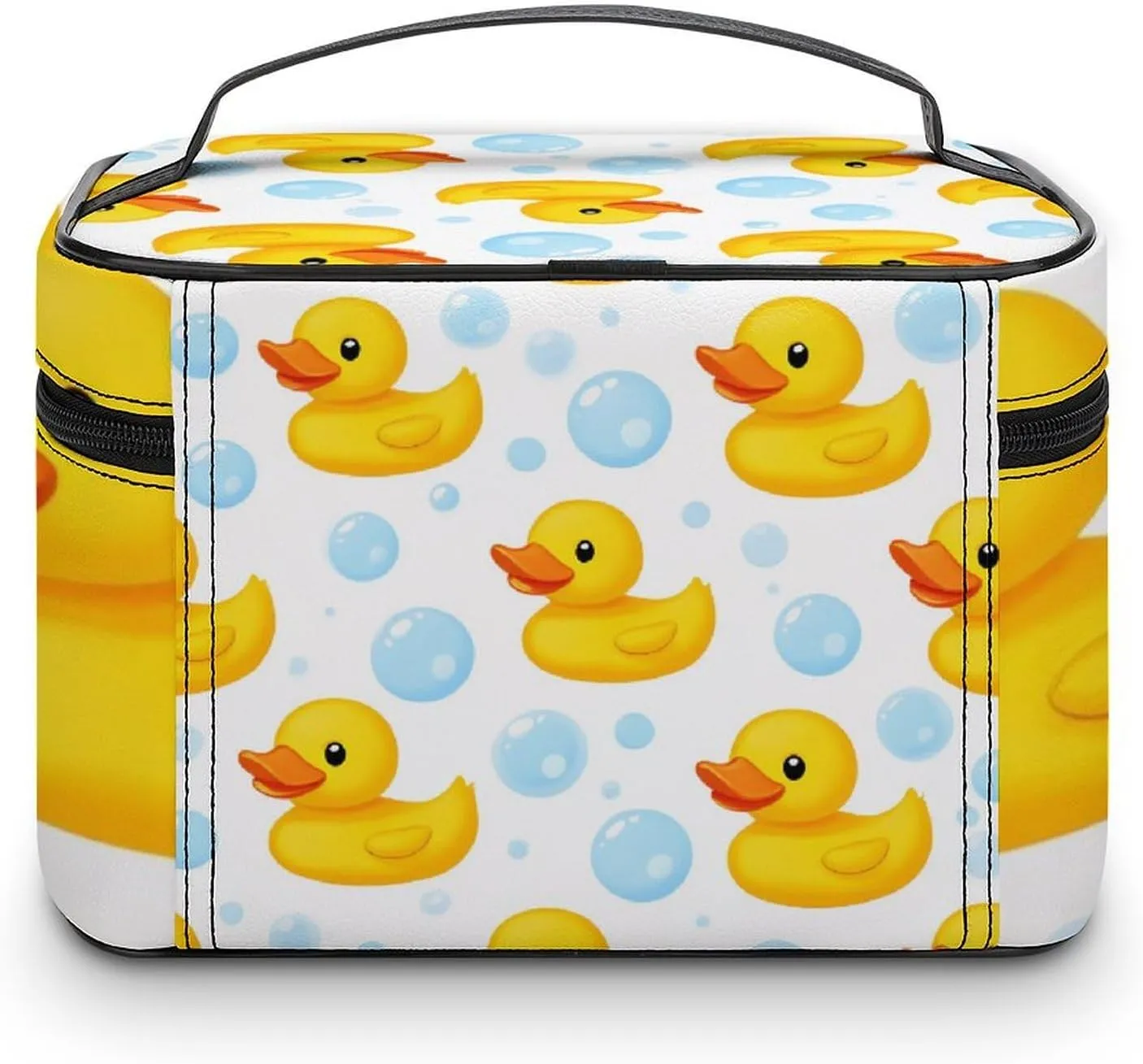 Womens Travel Makeup Bag, Waterproof Cosmetic Organizer Case Cute Funny Cartoon Yellow Rubber Ducks Bubbles Toiletry Storage Bag with Zipper Mesh Pouch
