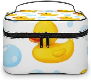 Womens Travel Makeup Bag, Waterproof Cosmetic Organizer Case Cute Funny Cartoon Yellow Rubber Ducks Bubbles Toiletry Storage Bag with Zipper Mesh Pouch