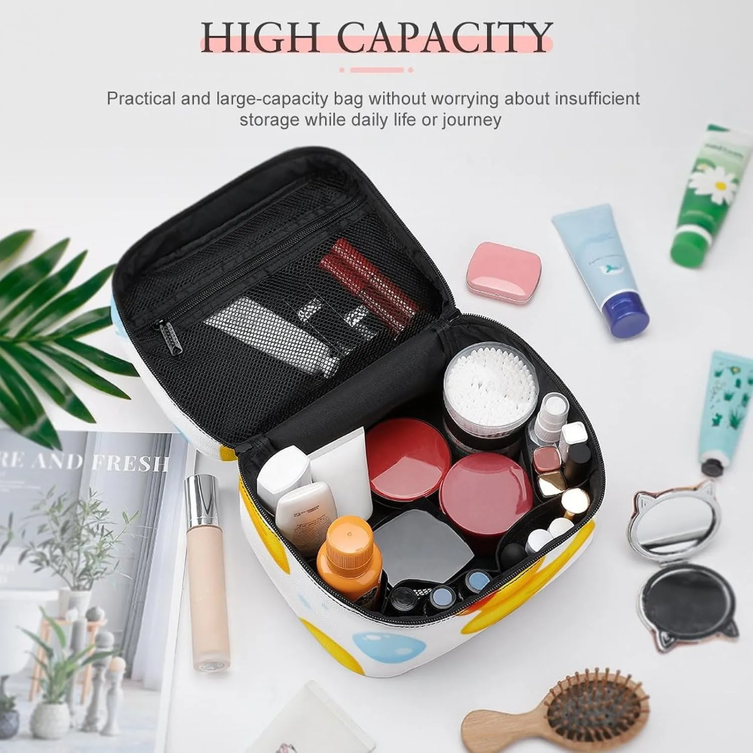 Womens Travel Makeup Bag, Waterproof Cosmetic Organizer Case Cute Funny Cartoon Yellow Rubber Ducks Bubbles Toiletry Storage Bag with Zipper Mesh Pouch