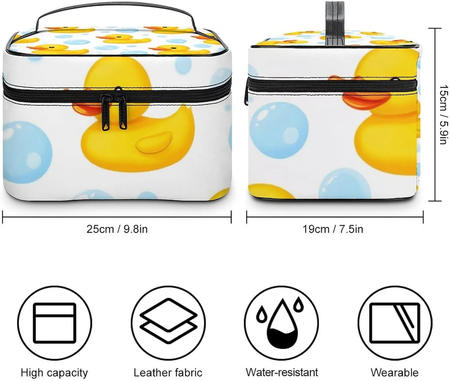 Womens Travel Makeup Bag, Waterproof Cosmetic Organizer Case Cute Funny Cartoon Yellow Rubber Ducks Bubbles Toiletry Storage Bag with Zipper Mesh Pouch