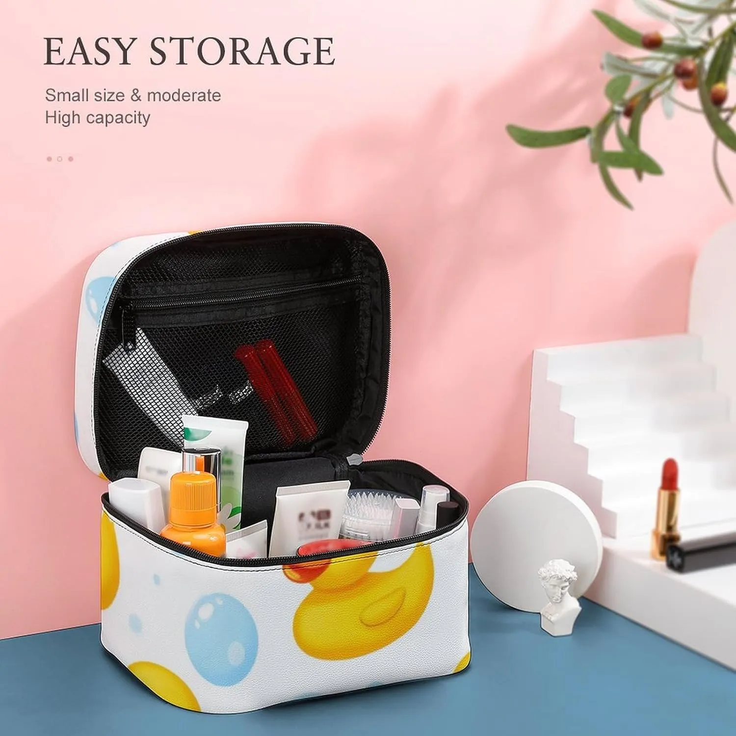 Womens Travel Makeup Bag, Waterproof Cosmetic Organizer Case Cute Funny Cartoon Yellow Rubber Ducks Bubbles Toiletry Storage Bag with Zipper Mesh Pouch