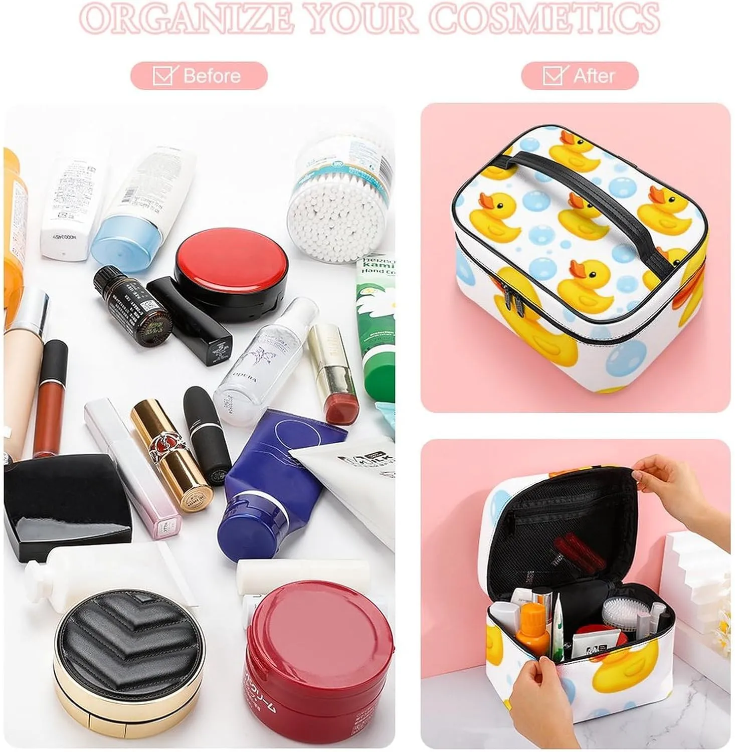 Womens Travel Makeup Bag, Waterproof Cosmetic Organizer Case Cute Funny Cartoon Yellow Rubber Ducks Bubbles Toiletry Storage Bag with Zipper Mesh Pouch