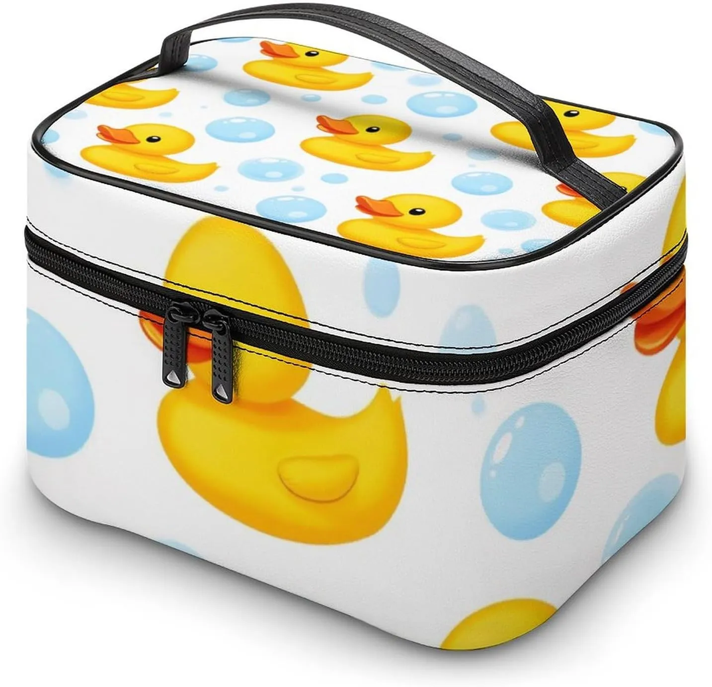 Womens Travel Makeup Bag, Waterproof Cosmetic Organizer Case Cute Funny Cartoon Yellow Rubber Ducks Bubbles Toiletry Storage Bag with Zipper Mesh Pouch