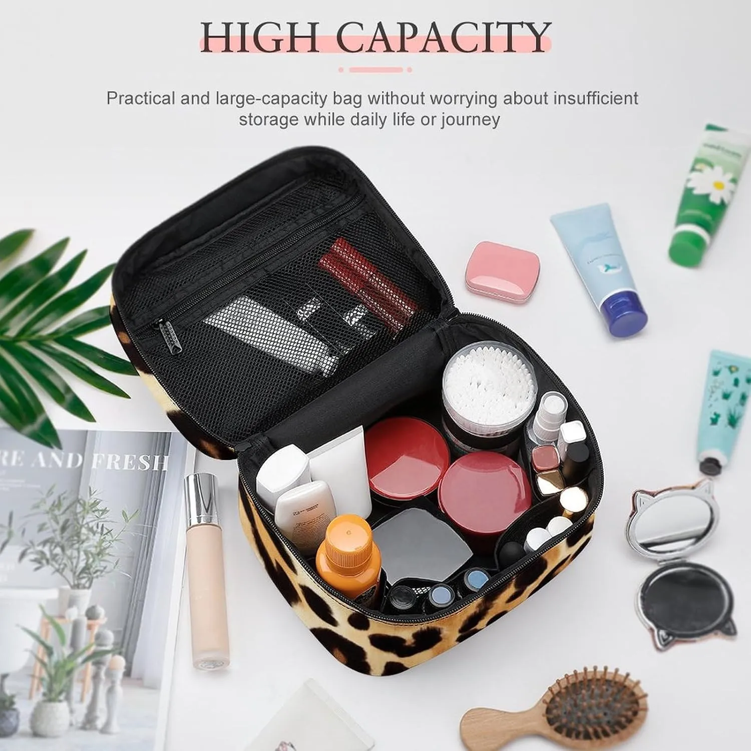 Womens Travel Makeup Bag, Waterproof Cosmetic Organizer Case Wild Animal Leopard Print Toiletry Storage Bag with Zipper Mesh Pouch
