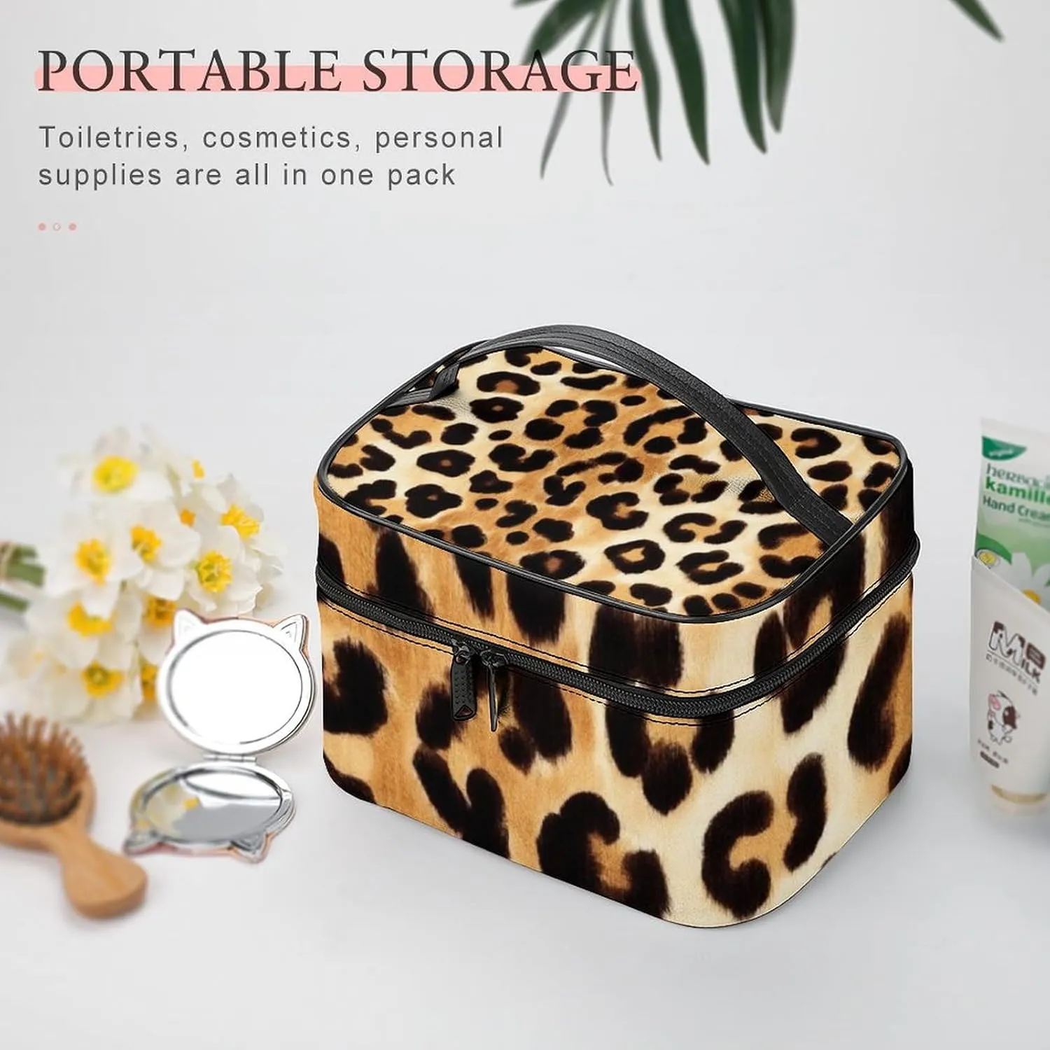 Womens Travel Makeup Bag, Waterproof Cosmetic Organizer Case Wild Animal Leopard Print Toiletry Storage Bag with Zipper Mesh Pouch