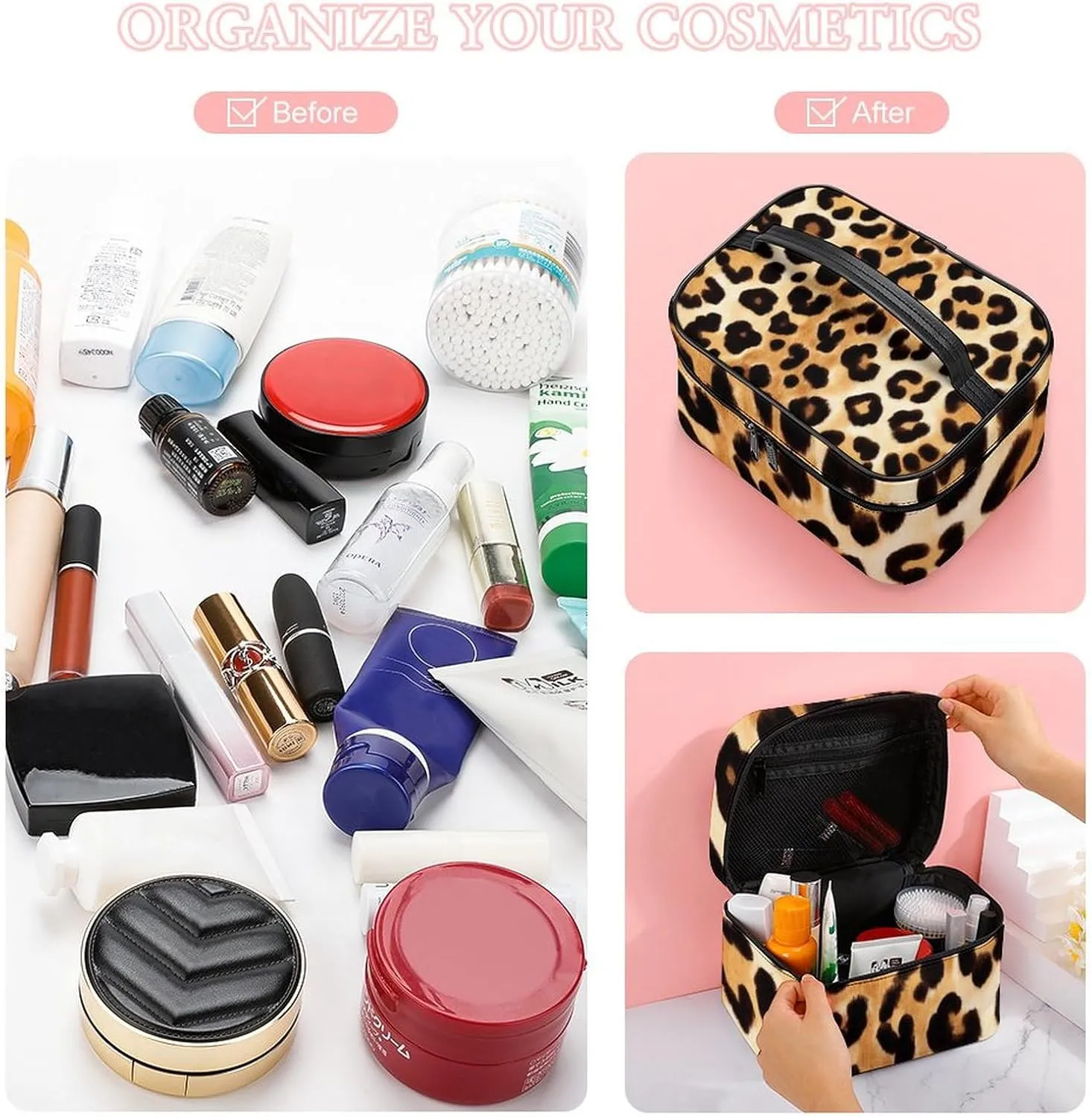 Womens Travel Makeup Bag, Waterproof Cosmetic Organizer Case Wild Animal Leopard Print Toiletry Storage Bag with Zipper Mesh Pouch
