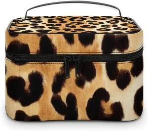 Womens Travel Makeup Bag, Waterproof Cosmetic Organizer Case Wild Animal Leopard Print Toiletry Storage Bag with Zipper Mesh Pouch